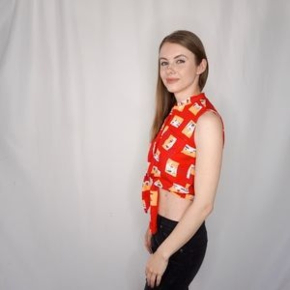 Liz Claiborne Vintage Abstract Red Tie Up Crop Top - Picture 3 of 6